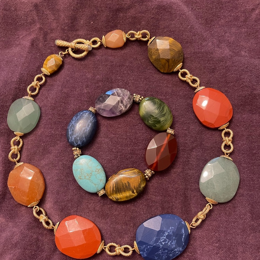Vintage Colorful Gemstone Necklace and Bracelet on the heavy side NEW